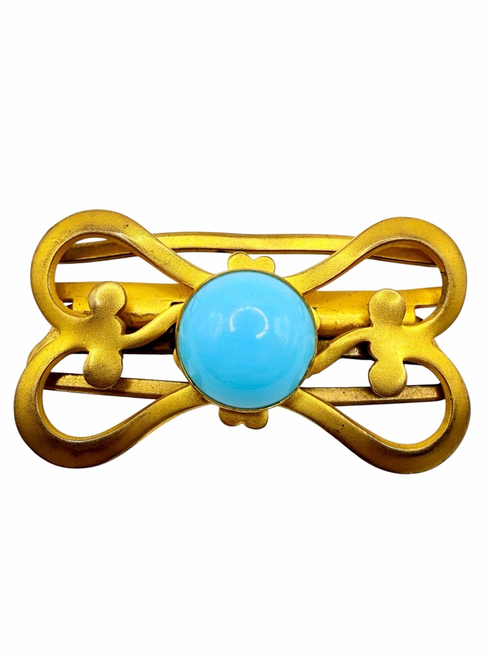 Antique Victorian Gold Tone Turquoise Glass Cabochon Belt Buckle